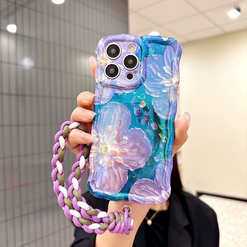 Ins Hot oil painting colorful flowers new anti-fall Blu-ray phone case with lanyard for iPhone