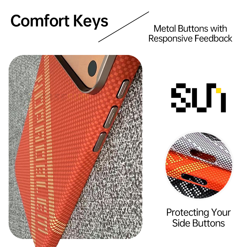 CASESUN Stack of Kevlar cases highlighting texture, colors, and metal button details.