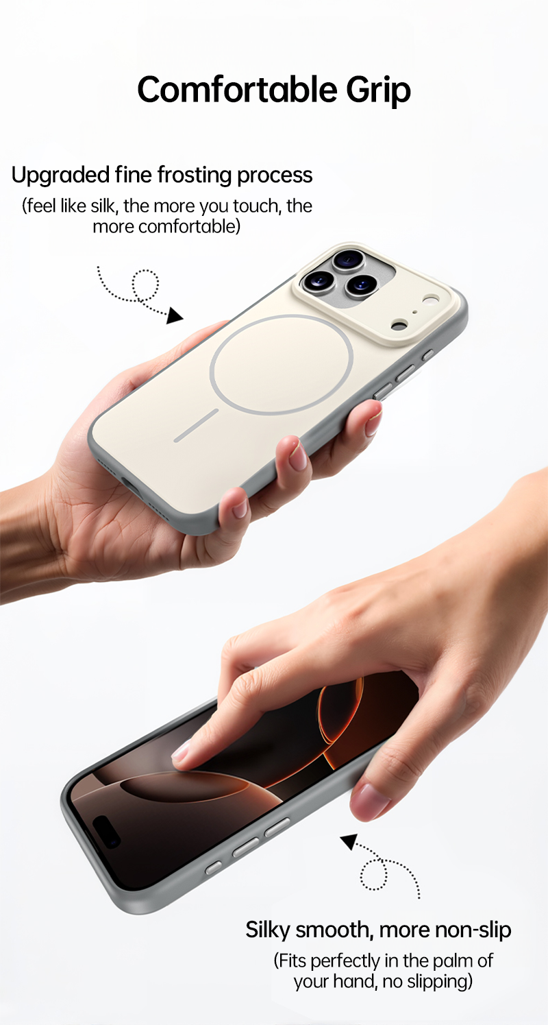 CASESUN-Hand holding white-grey iPhone 17 case, showing ergonomic grip and smooth matte texture.