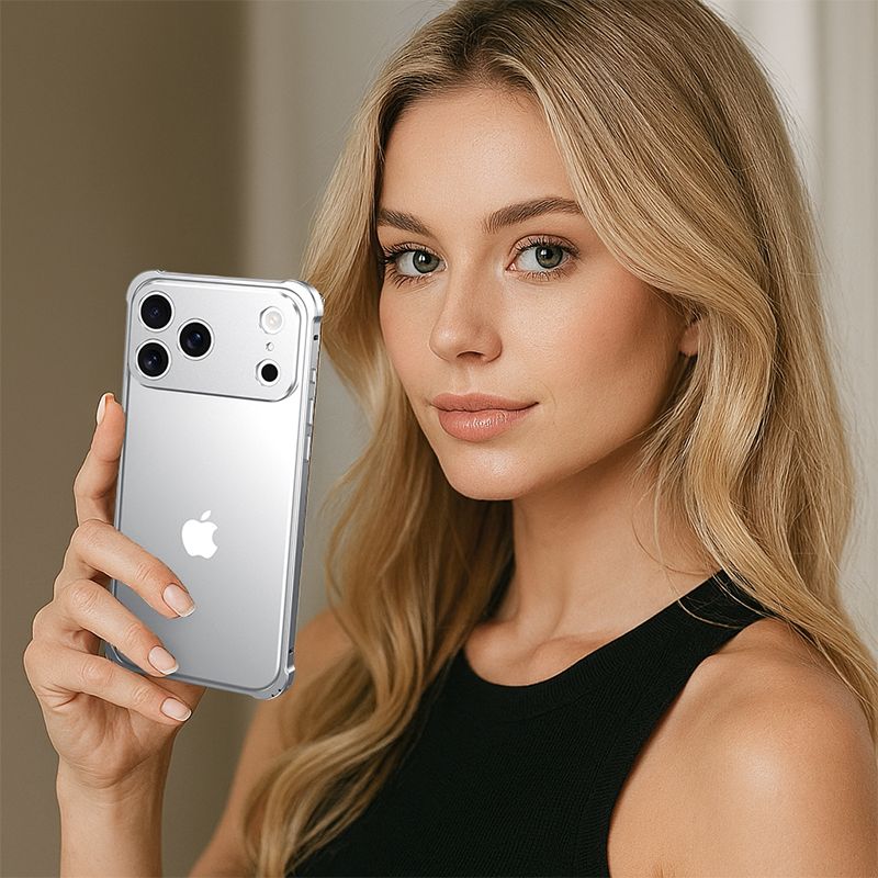 CASESUN iPhone 17 Pro Max metal frame case held by woman — showcasing premium metallic texture and minimalist elegance.
