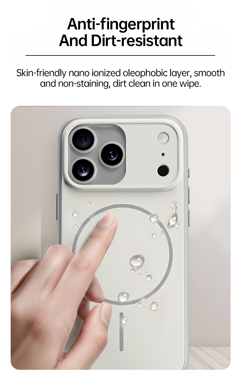 CASESUN-Finger touching grey matte iPhone 17 case with water droplets sliding off.