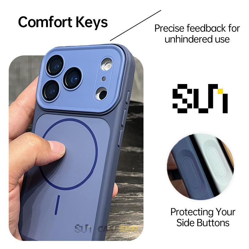 Side view of CASESUN iPhone 17 Pro Max case showing responsive comfort keys and precise button coverage for smooth daily operation.