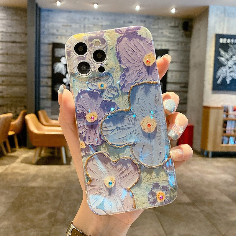 Ins Hot Oil Painting Flower & Butterfly flash lens film fresh flower girl anti drop cute phone case more than 100+ colors for iPhone
