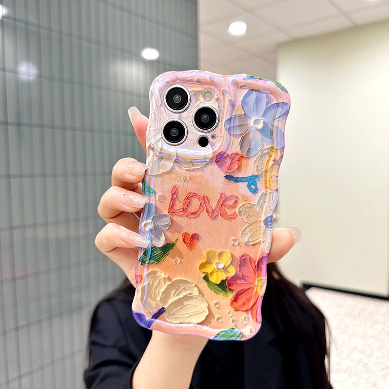 Ins Hot oil painting colorful flowers new anti-fall Blu-ray phone case with lanyard for iPhone