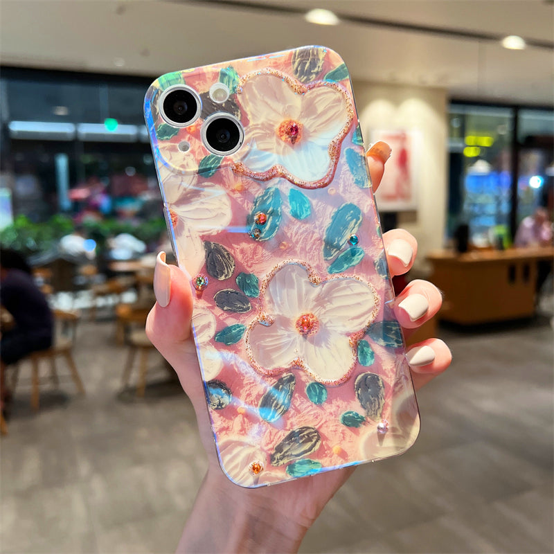 Ins Hot Oil Painting Flower & Butterfly flash lens film fresh flower girl anti drop cute phone case more than 100+ colors for iPhone