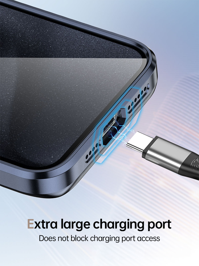 CASESUN-Extra-large charging port cutout on iPhone 17 Pro Max MagSafe clear case.