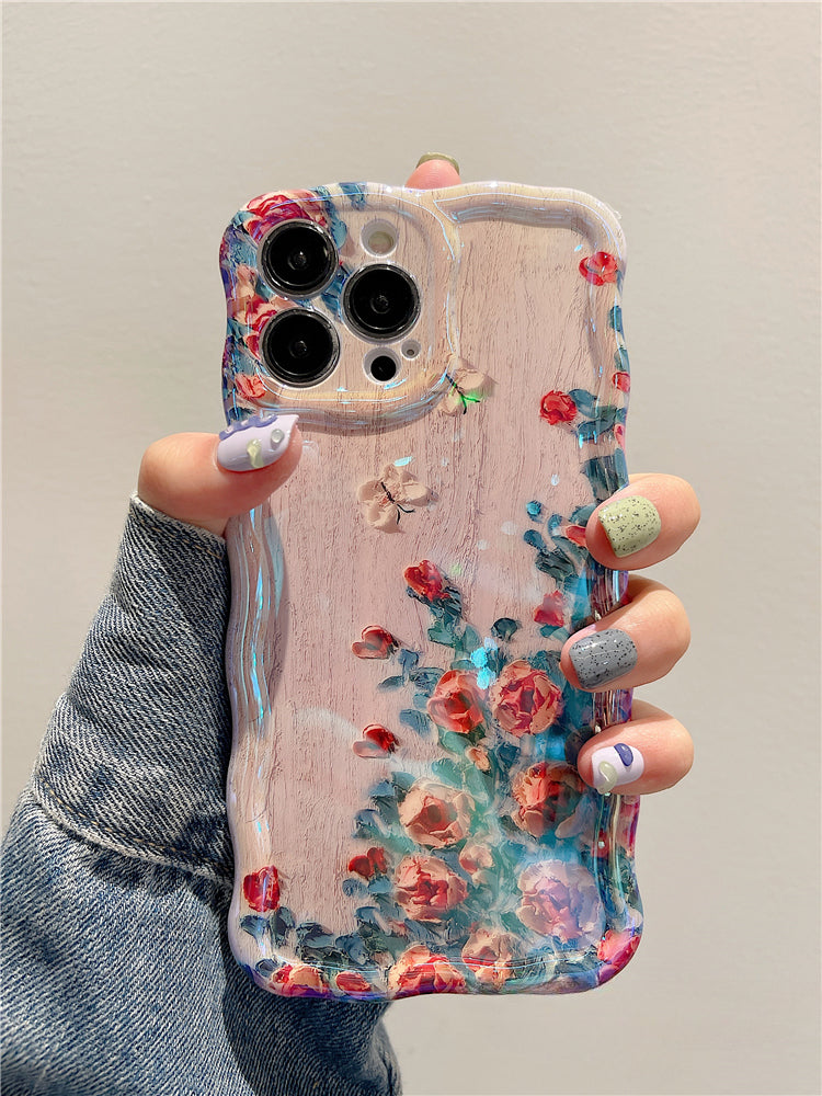 ins oil painting dot diamond flower glitter beautiful and cute lens film suitable for iPhone/Samsung series silicone women's anti-fall mobile phone case