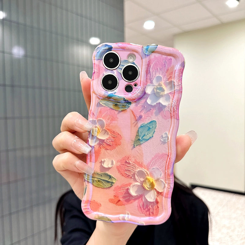 Ins Hot oil painting colorful flowers new anti-fall Blu-ray phone case with lanyard for iPhone