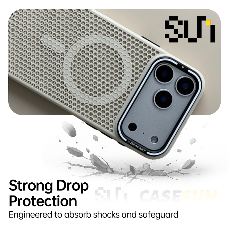 CASESUN-Honeycomb thermal mesh and drop-resistant frame of CASESUN iPhone 17 series case.