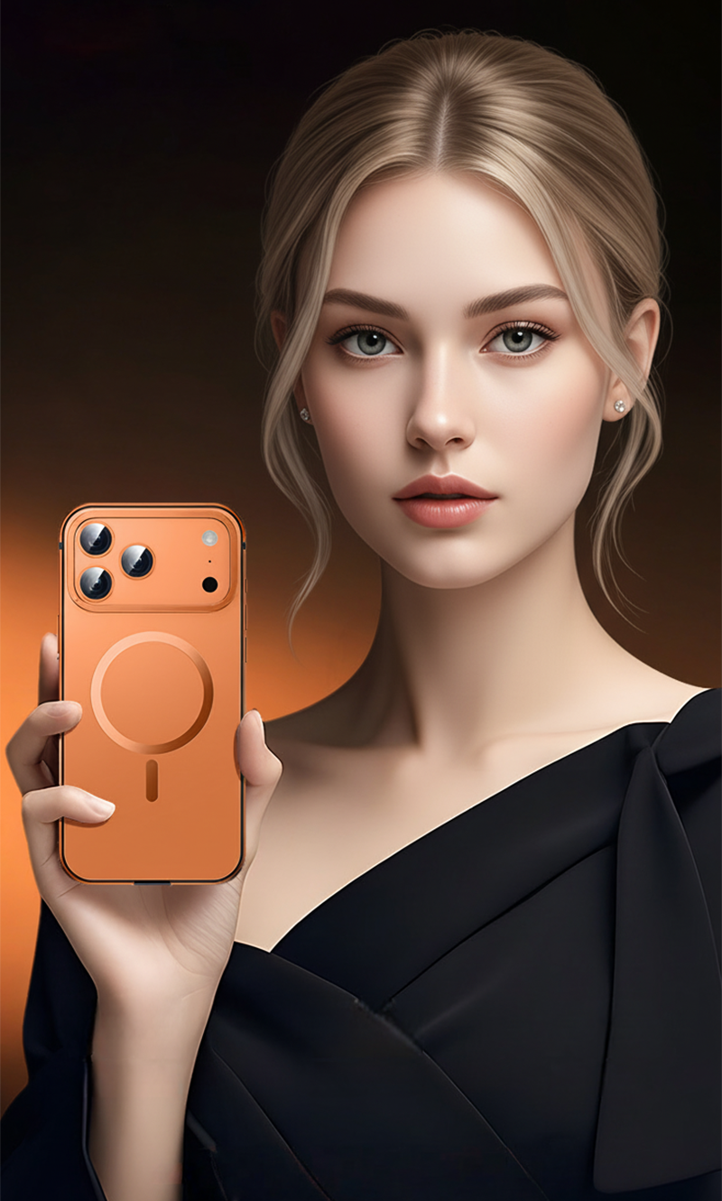 A woman holding CASESUN orange iPhone 17 Pro Max case with metallic edges and minimalist finish.