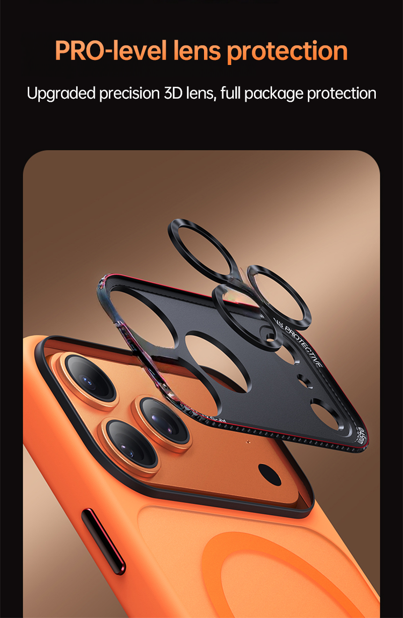 CaseSun iPhone 17 Pro Max case close-up of 3D full-wrap metal lens protector.