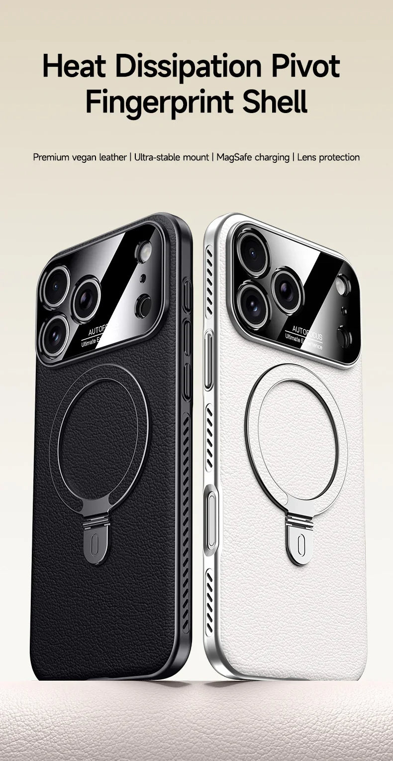 CASESUN heat-dissipation pivot case for iPhone 17 Pro Max, vegan leather with stable metal ring stand.