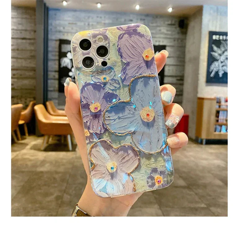 Ins Hot Oil Painting Flower & Butterfly flash lens film fresh flower girl anti drop cute phone case more than 100+ colors for iPhone