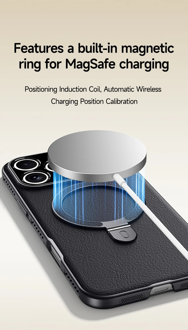 CASESUN magnetic ring case for iPhone 17, supporting MagSafe wireless charging alignment.