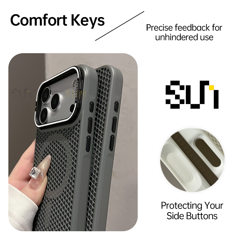 Soft-touch comfort buttons with precise feedback on CASESUN cooling MagSafe case for iPhone 17.