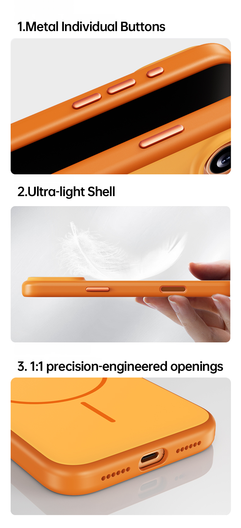 CASESUN-Macro shot of orange iPhone 17 Pro Max case side buttons in metal finish.