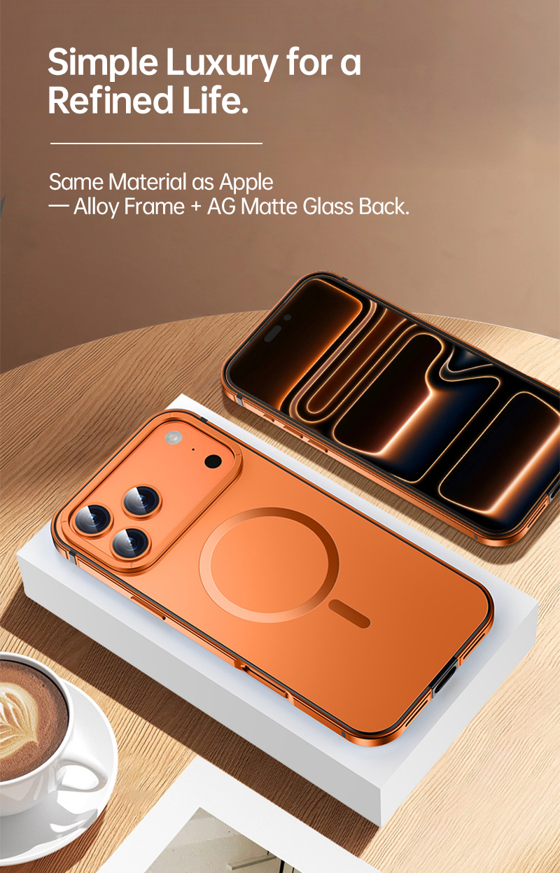 Two CASESUN orange alloy MagSafe cases on a wooden desk beside coffee, showing premium finish.