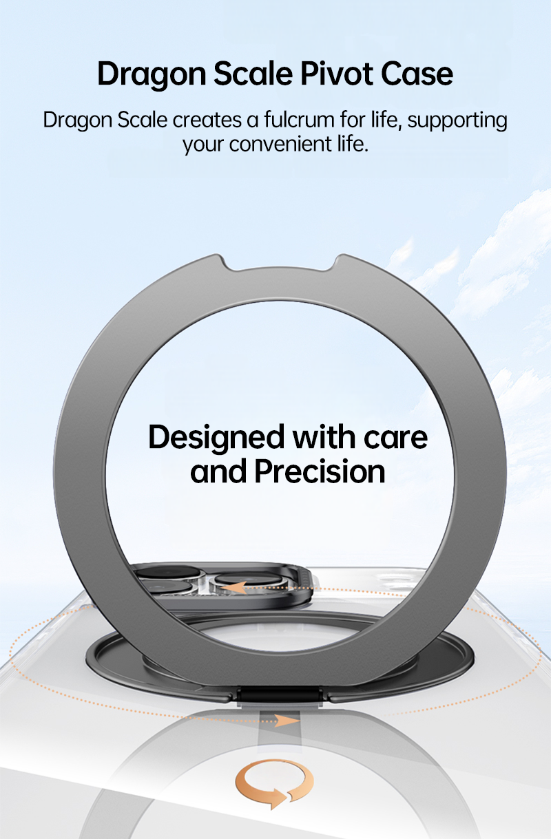 Dragon Scale Pivot Case close-up – precision magnetic ring stand designed with care and accuracy.