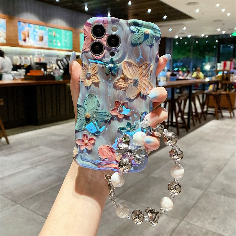 Ins Hot oil painting colorful flowers new anti-fall Blu-ray phone case with lanyard for iPhone