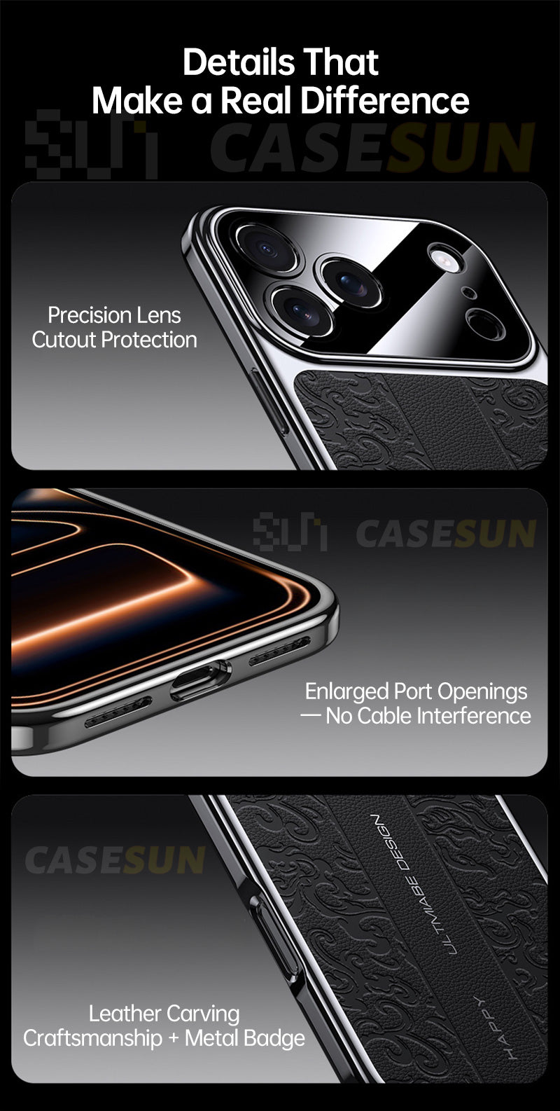 Exploded view of CASESUN leather case showing TPU frame, PC backplate, and embossed leather layer