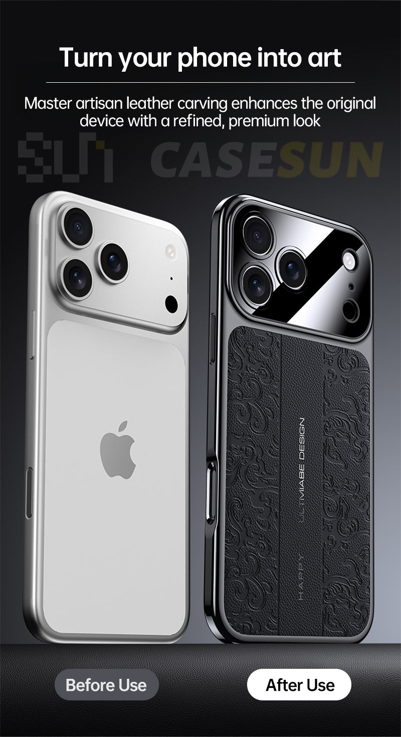CASESUN dragon-embossed vegan leather case for iPhone 17 Pro Max with electroplated frame and raised camera protection