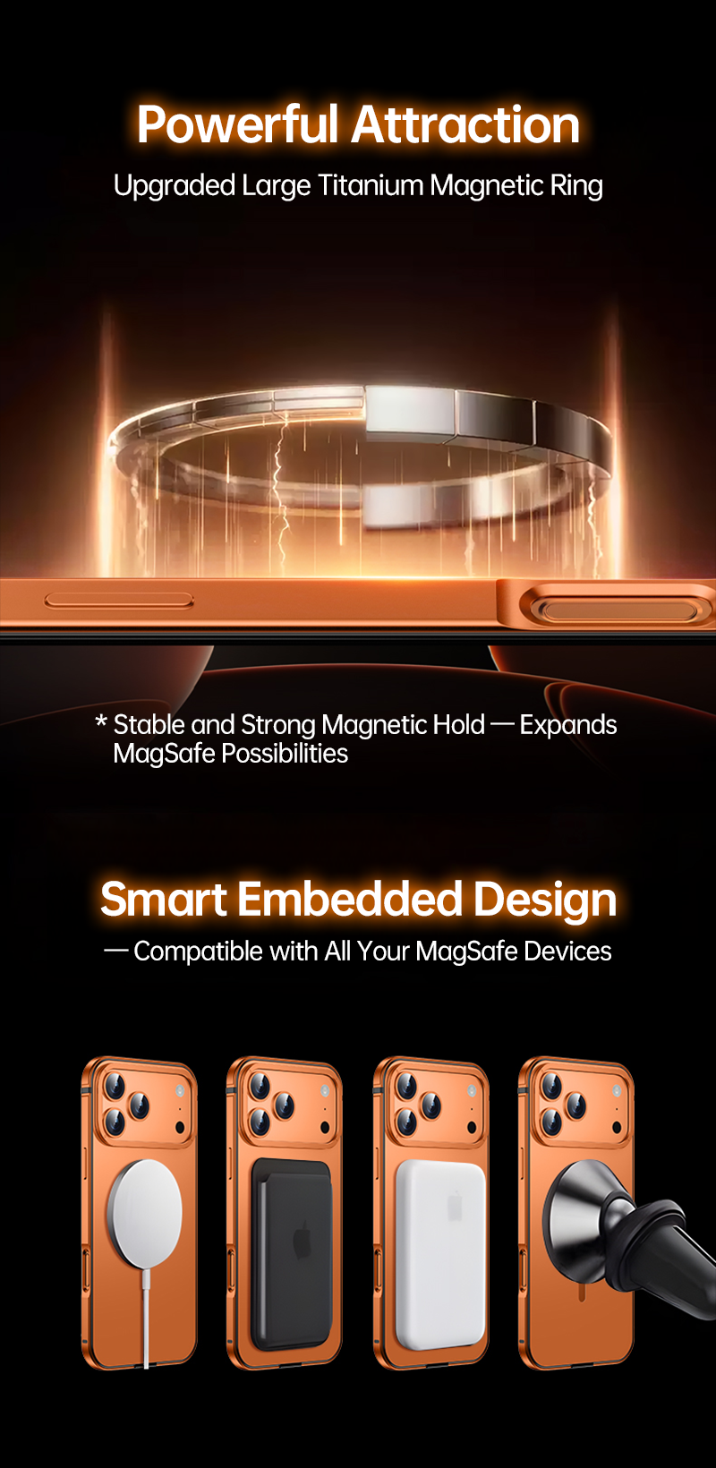 Close-up of CASESUN titanium magnetic ring built into iPhone 17 Pro Max alloy frame.