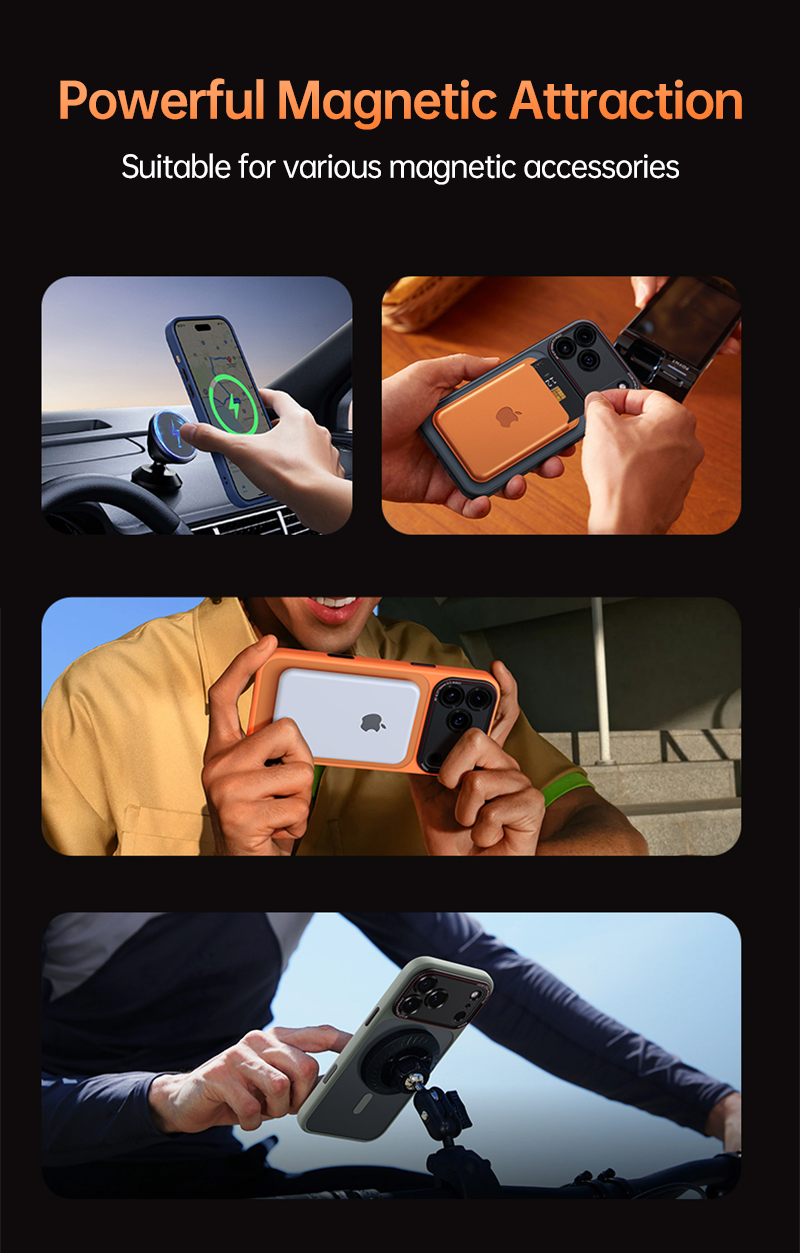 CASESUN-iPhone 17 Pro Max Frosted Series case used with car mount, wallet, and camera accessories.