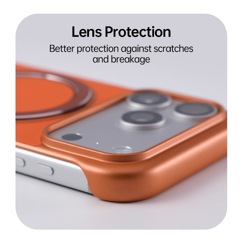 CASESUN camera lens protection close-up on orange leather case