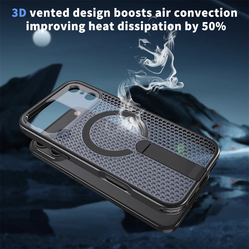 CaseSun-3D vented honeycomb design of iPhone 17 case showing enhanced heat dissipation during gaming or charging.