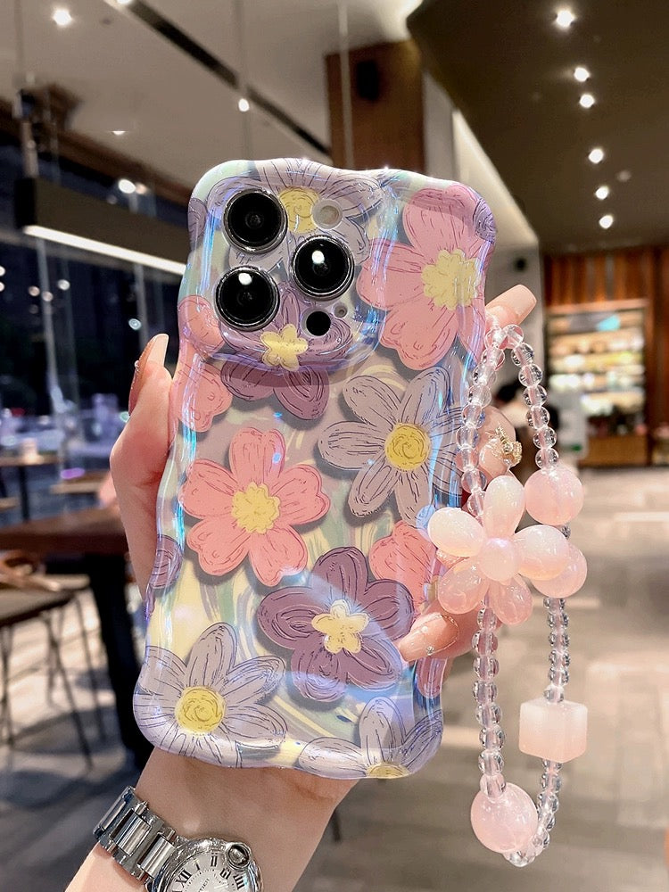 Ins Hot oil painting colorful flowers new anti-fall Blu-ray phone case with lanyard for iPhone
