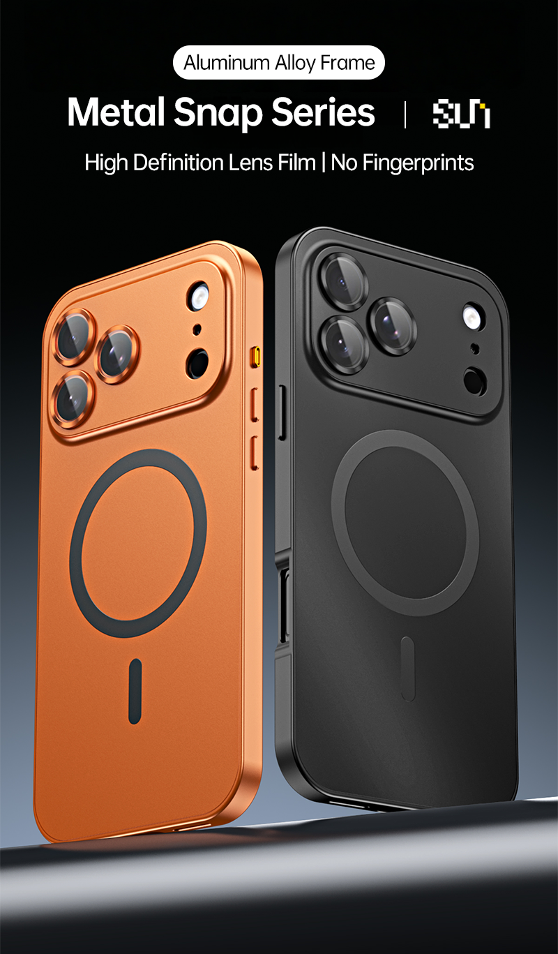 CASESUN-Two iPhone 17 Pro Max cases in metallic orange and matte black, showing aluminum alloy frame and MagSafe ring design.