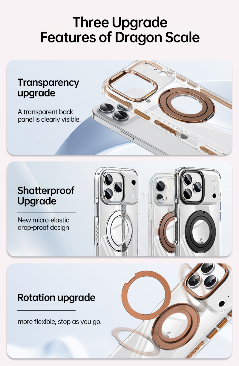 CASESUN-iPhone 17 Pro Max clear case upgrades – transparency, shatterproof micro-elastic design, 360° rotation stand.