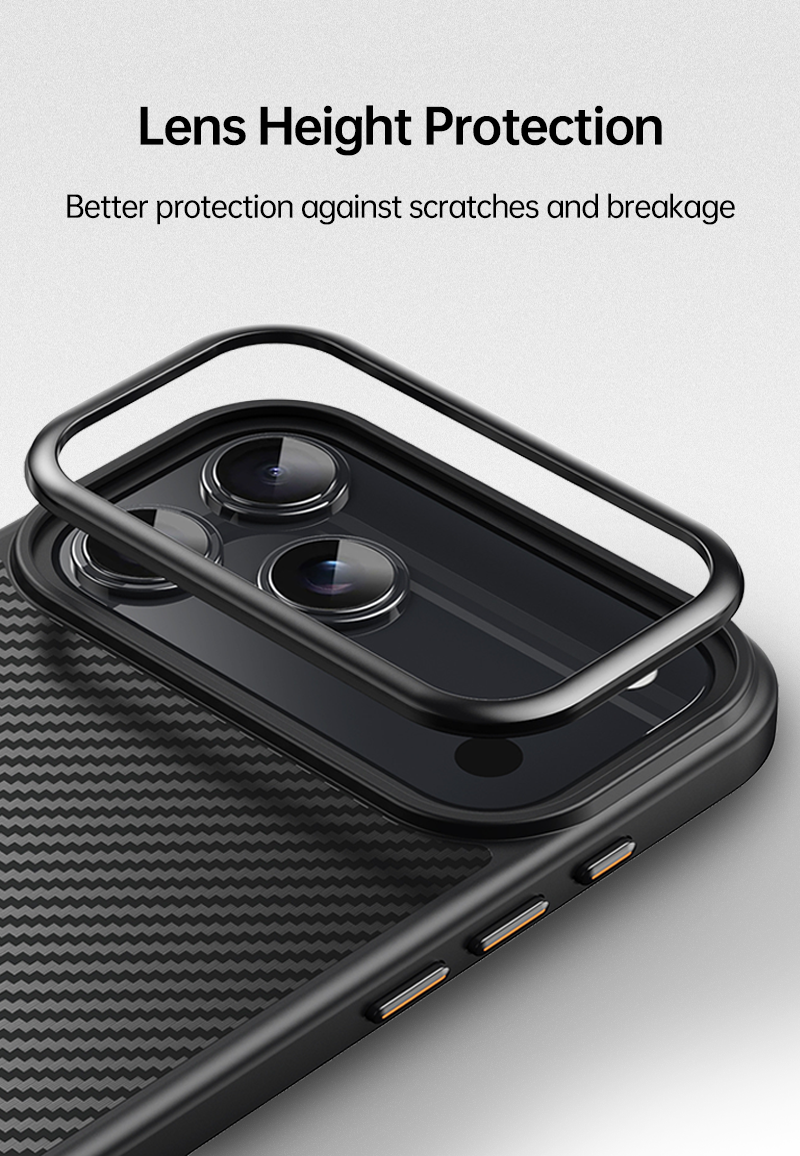 CaseSun iPhone 17 Pro Max carbon fiber protective case – raised lens frame for enhanced camera protection against scratches and drops.