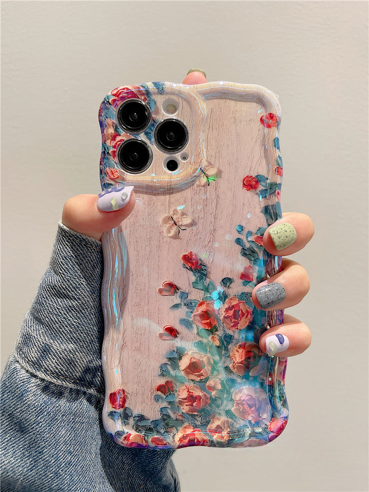 ins oil painting dot diamond flower glitter beautiful and cute lens film series women's anti-fall iPhone case