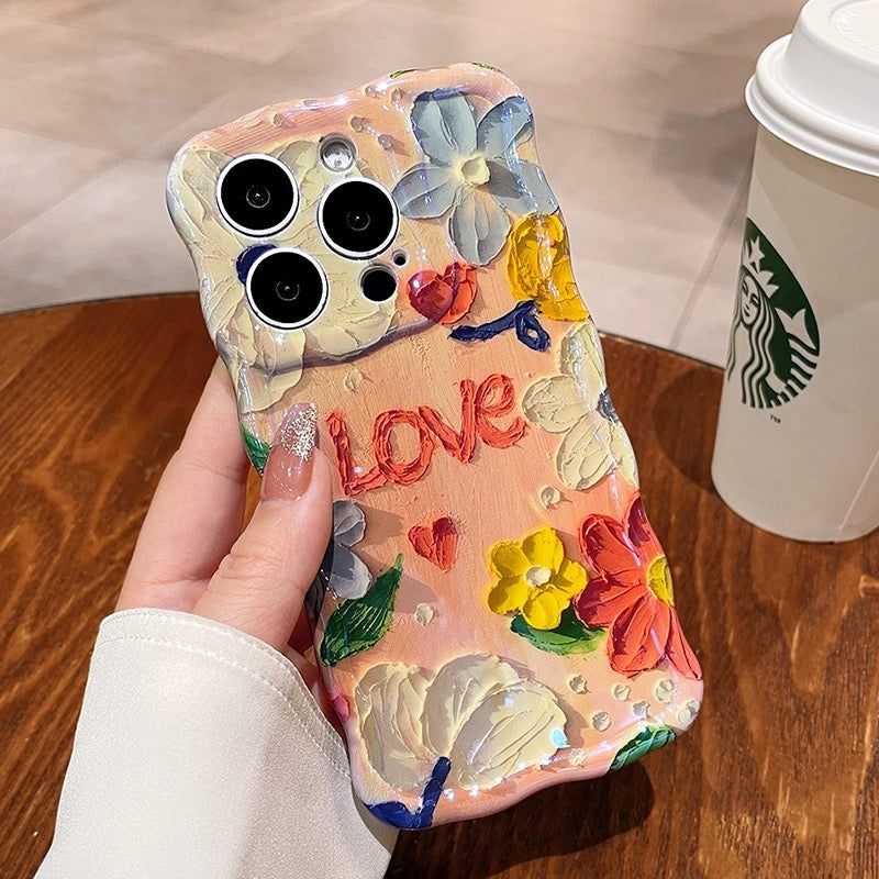 Ins Hot oil painting colorful flowers new anti-fall Blu-ray phone case with lanyard for iPhone