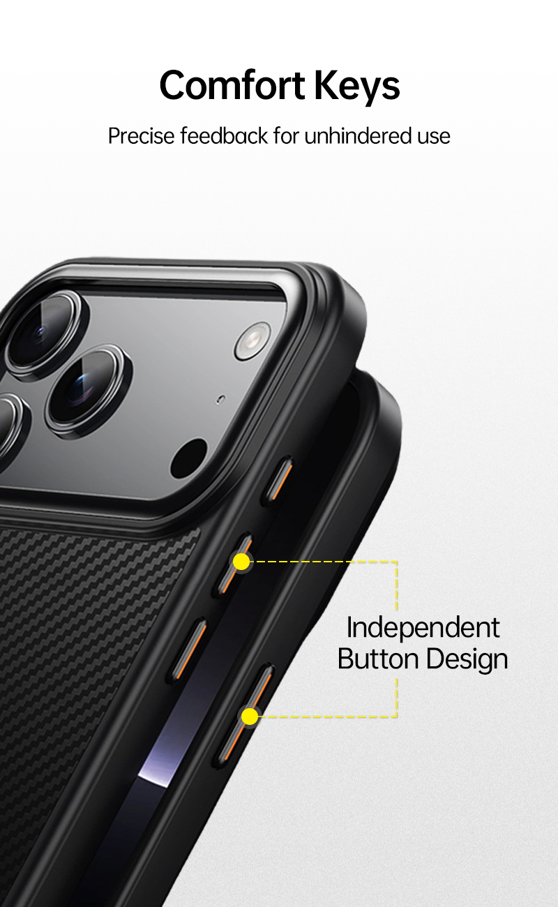 CaseSun carbon fiber iPhone 17 Pro Max case – independent comfort button design for smooth, precise, and responsive control.