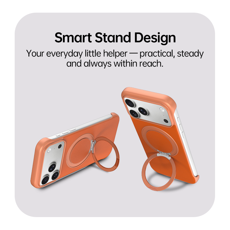 CASESUN 120° showcase of frameless leather iPhone 17 case with foldable metal ring stand — thin, lightweight, and stylish