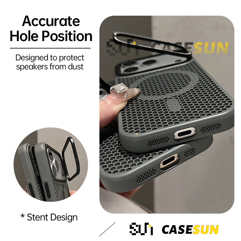 Precision cutouts and dust-protected speaker mesh on CASESUN iPhone 17 cooling case