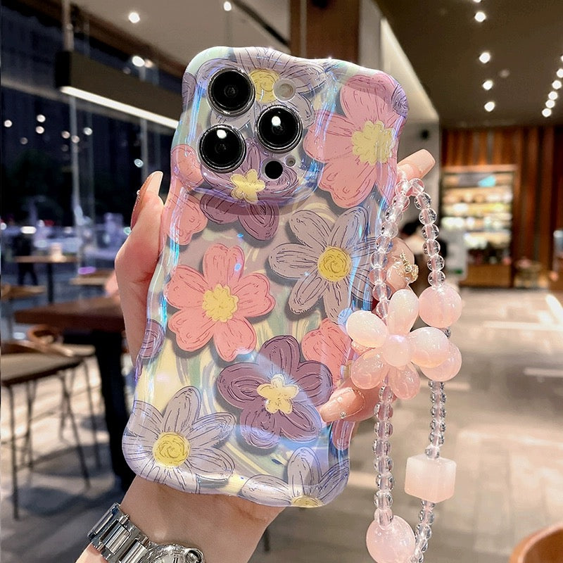 Ins Hot oil painting colorful flowers new anti-fall Blu-ray phone case with lanyard for iPhone