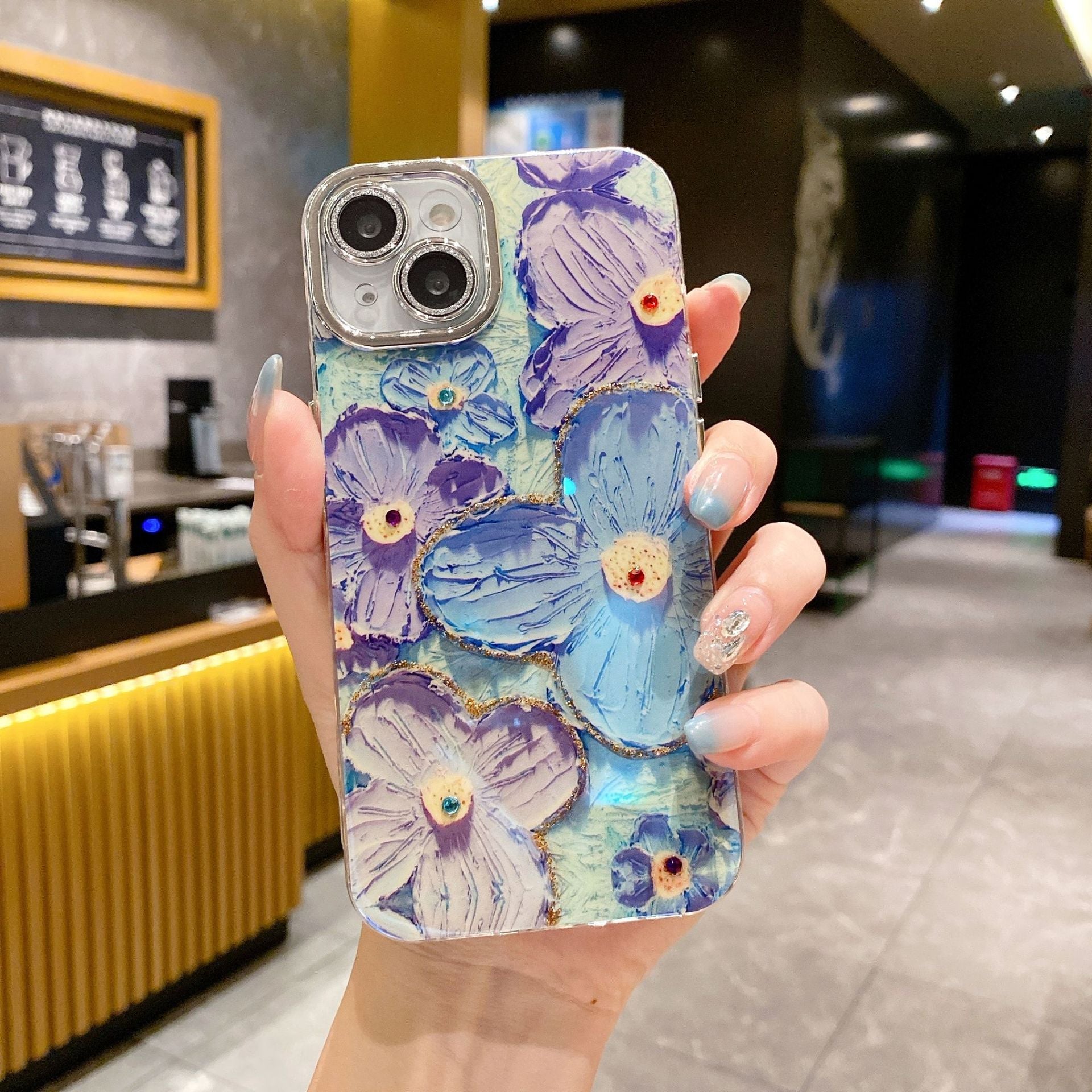 Ins Hot Oil Painting Flower & Butterfly flash lens film fresh flower girl anti drop cute phone case more than 100+ colors for iPhone