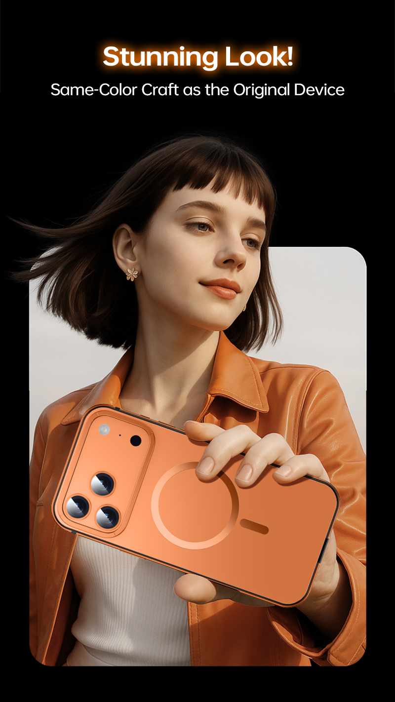 Woman outdoors holding orange CASESUN MagSafe iPhone 17 Pro Max case matching her outfit.