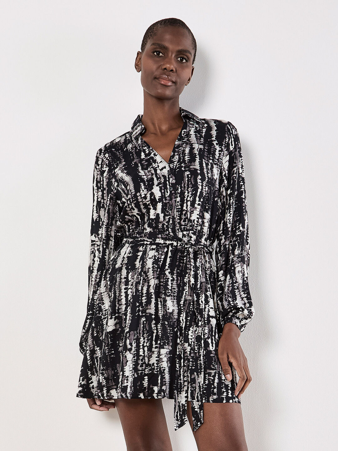 Black Tie Dye Stripe Shirt Mini Dress