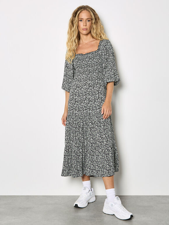 Black Ditsy Floral Smocked Midi Dress