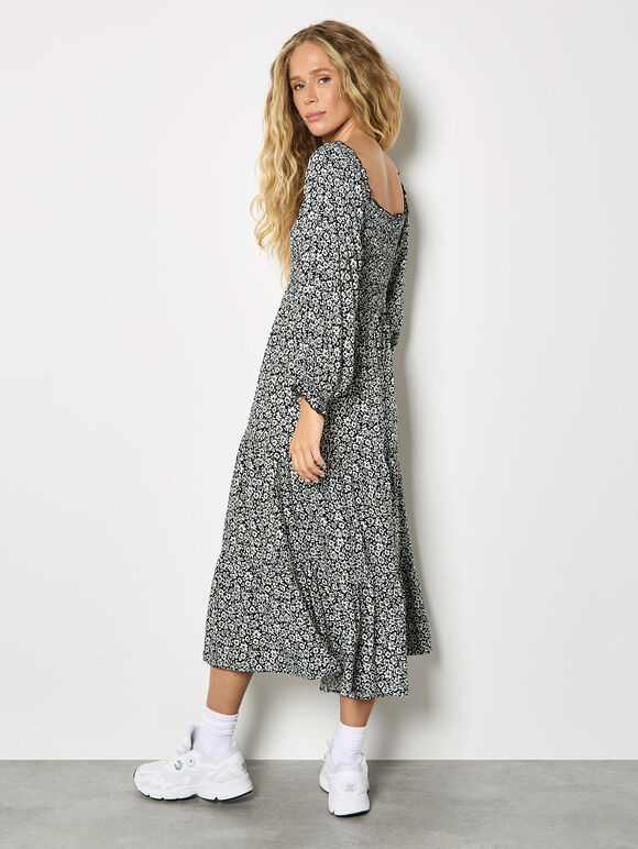 Black Ditsy Floral Smocked Midi Dress