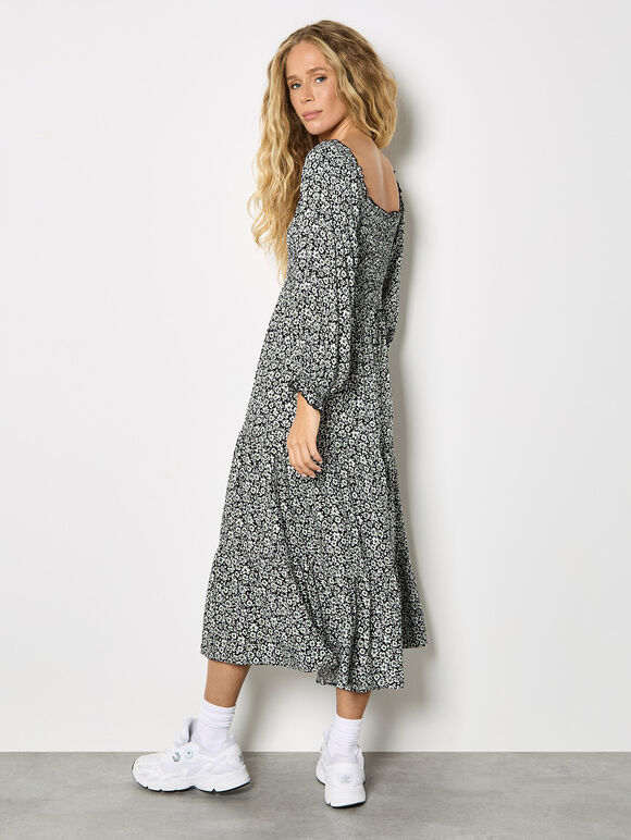 Black Ditsy Floral Smocked Midi Dress