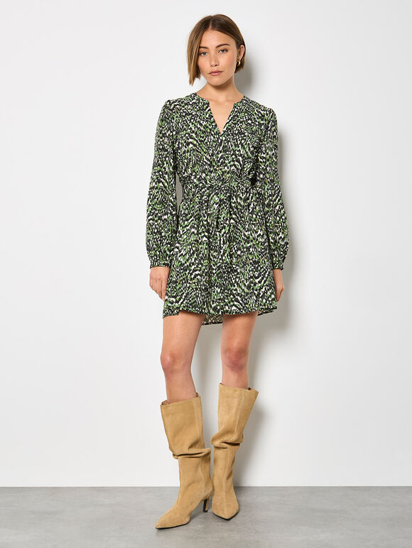 Green Animal Ikat Print Drawstring Mini Dress