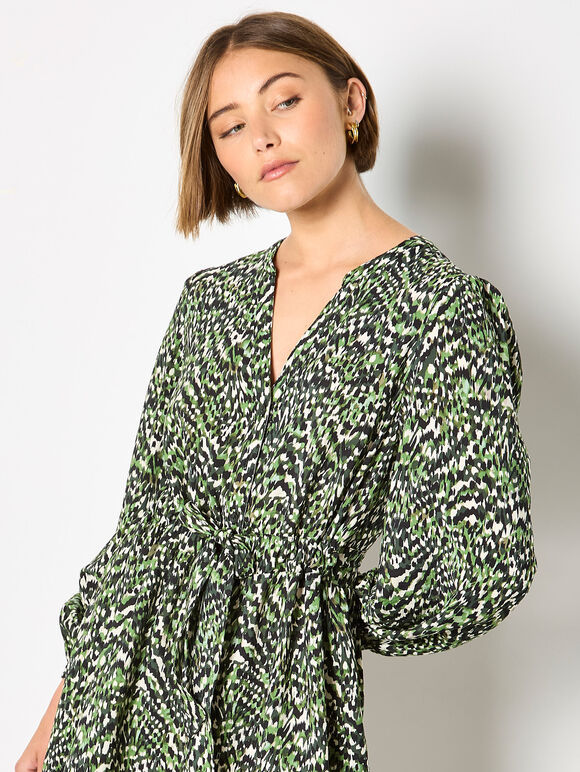 Green Animal Ikat Print Drawstring Mini Dress