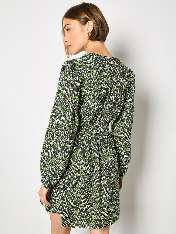 Green Animal Ikat Print Drawstring Mini Dress