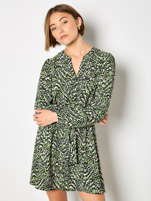 Green Animal Ikat Print Drawstring Mini Dress
