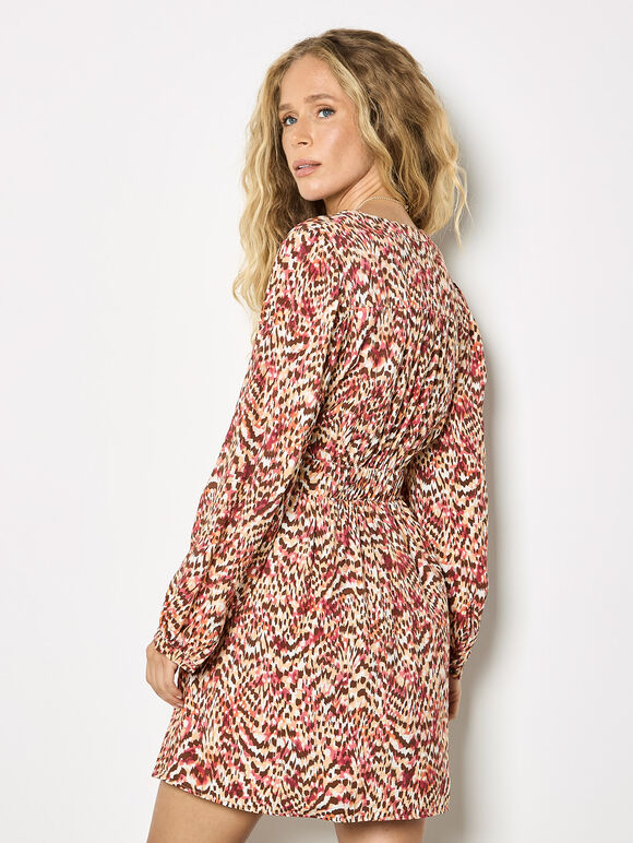 Red Animal Ikat Print Drawstring Mini Dress